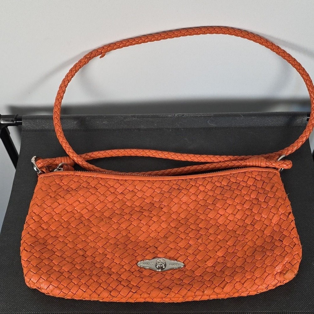 Elliott Lucca Leather Crossbody Handbag 12" x 6" CORAL ‎ with Braided Leather